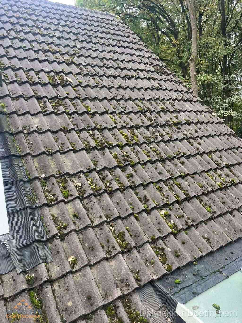 Verweerd pannendak met mosgroei dat renovatie nodig heeft in Doetinchem